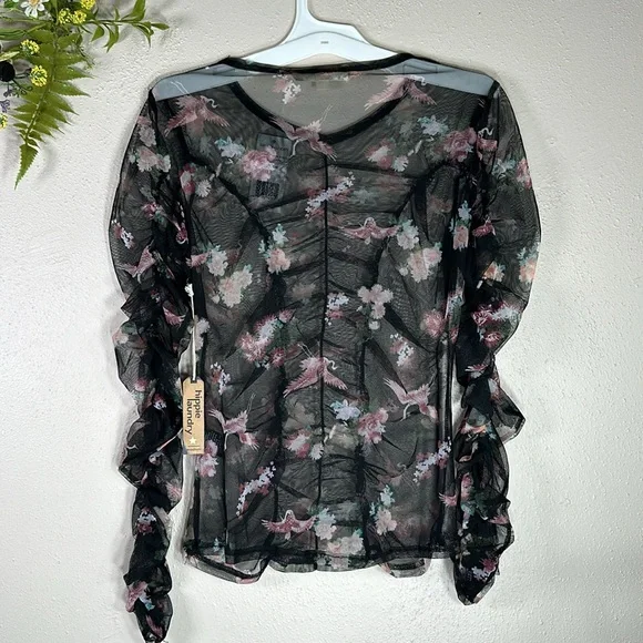 NWT Blouse Hippy Laundry black pink sheer ruched medium flamingo - Picture 6 of 8